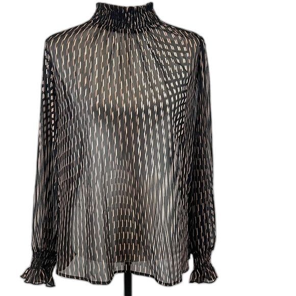 Long smocked mock neck black and mocha abstract print top size large - Picture 1 of 6